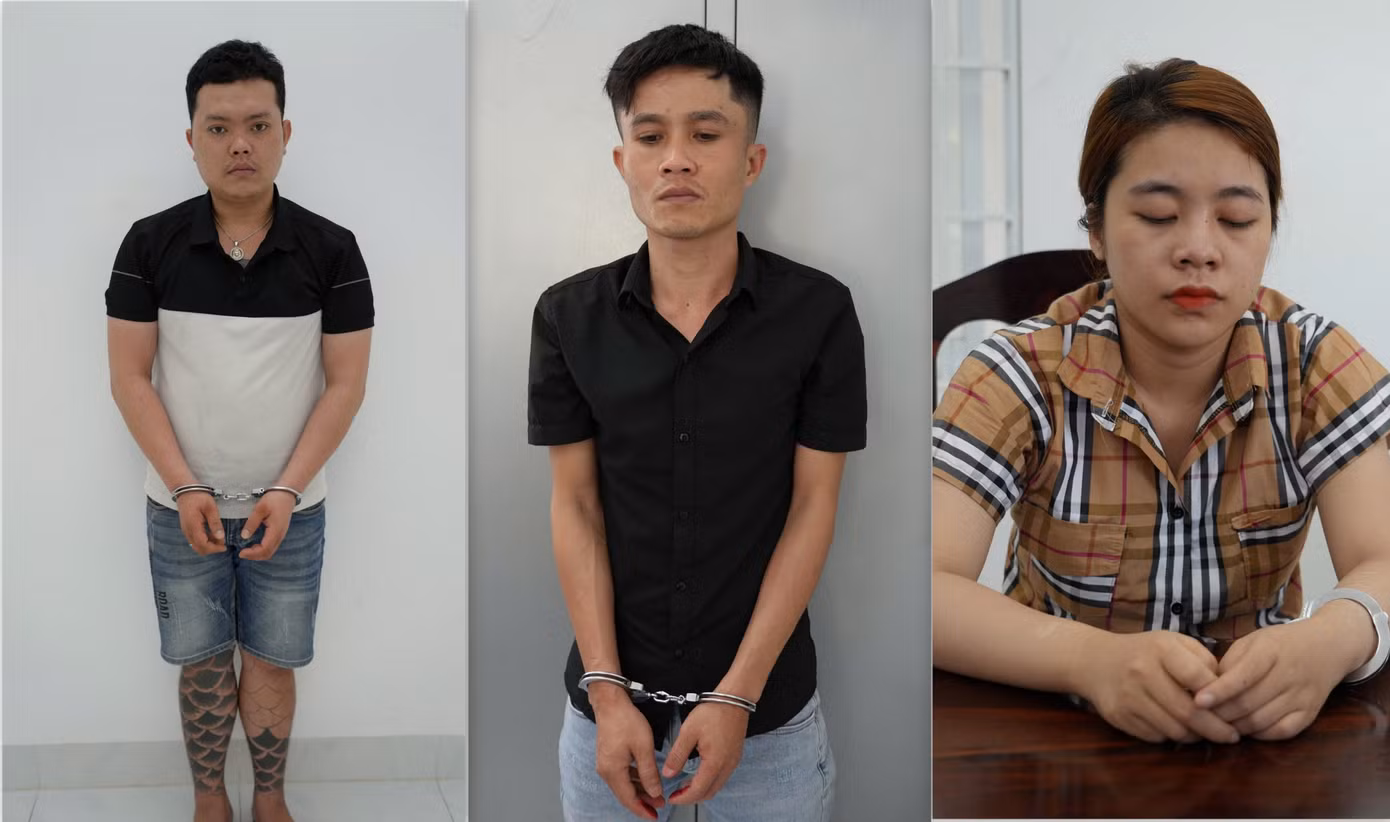 3 đối tượng Nhật, Phong, Ngân (tính từ trái qua) tại cơ quan công an.