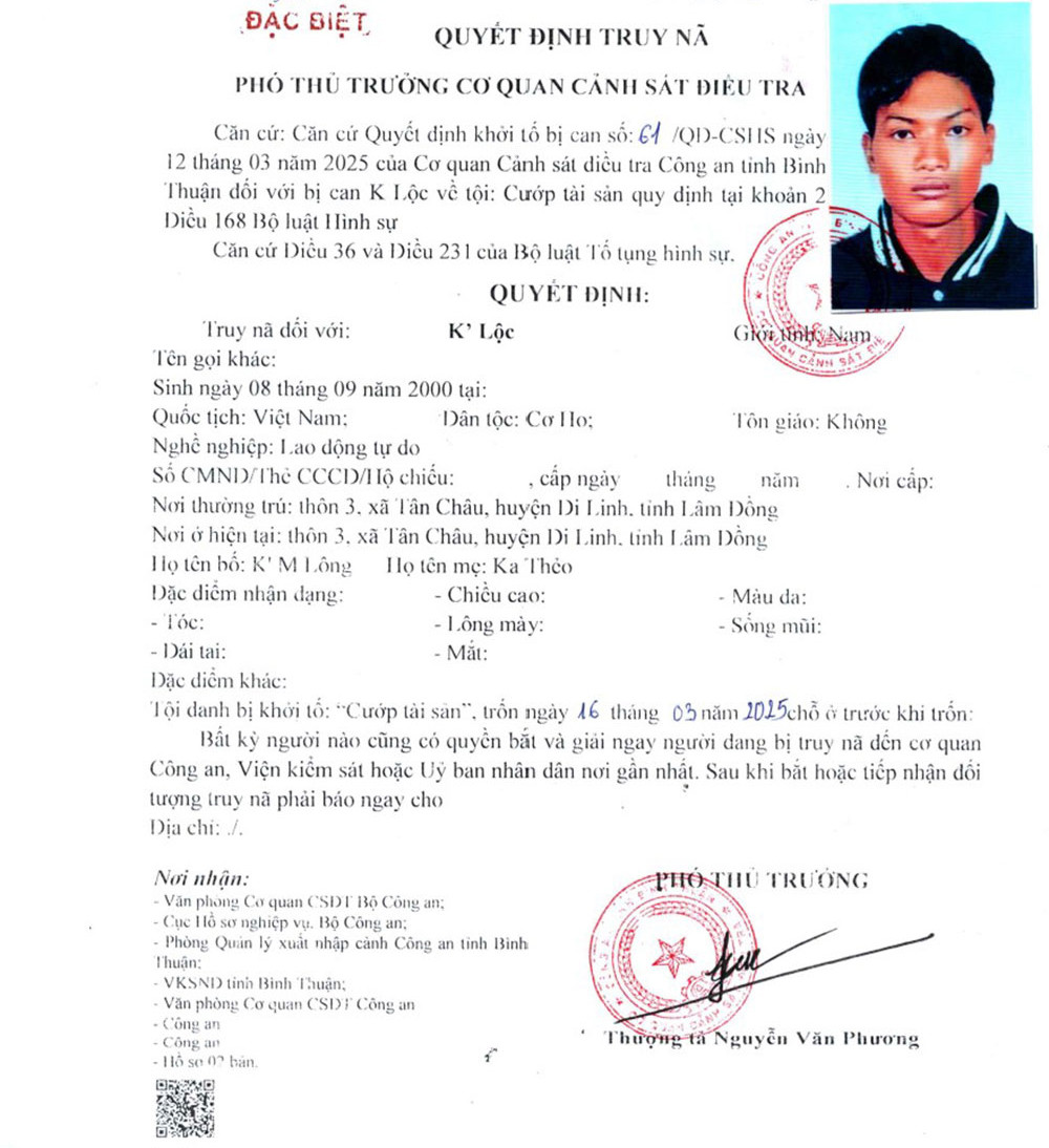 Quyết định truy nã đặc biệt đối với K’ Lộc.