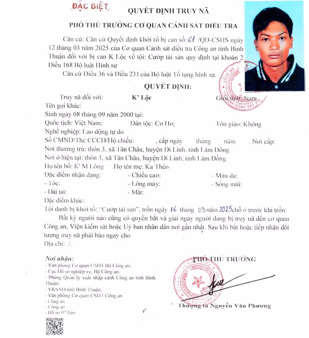 Quyết định truy nã đặc biệt đối với K’ Lộc. Quyết định truy nã đặc biệt đối với K’ Lộc.