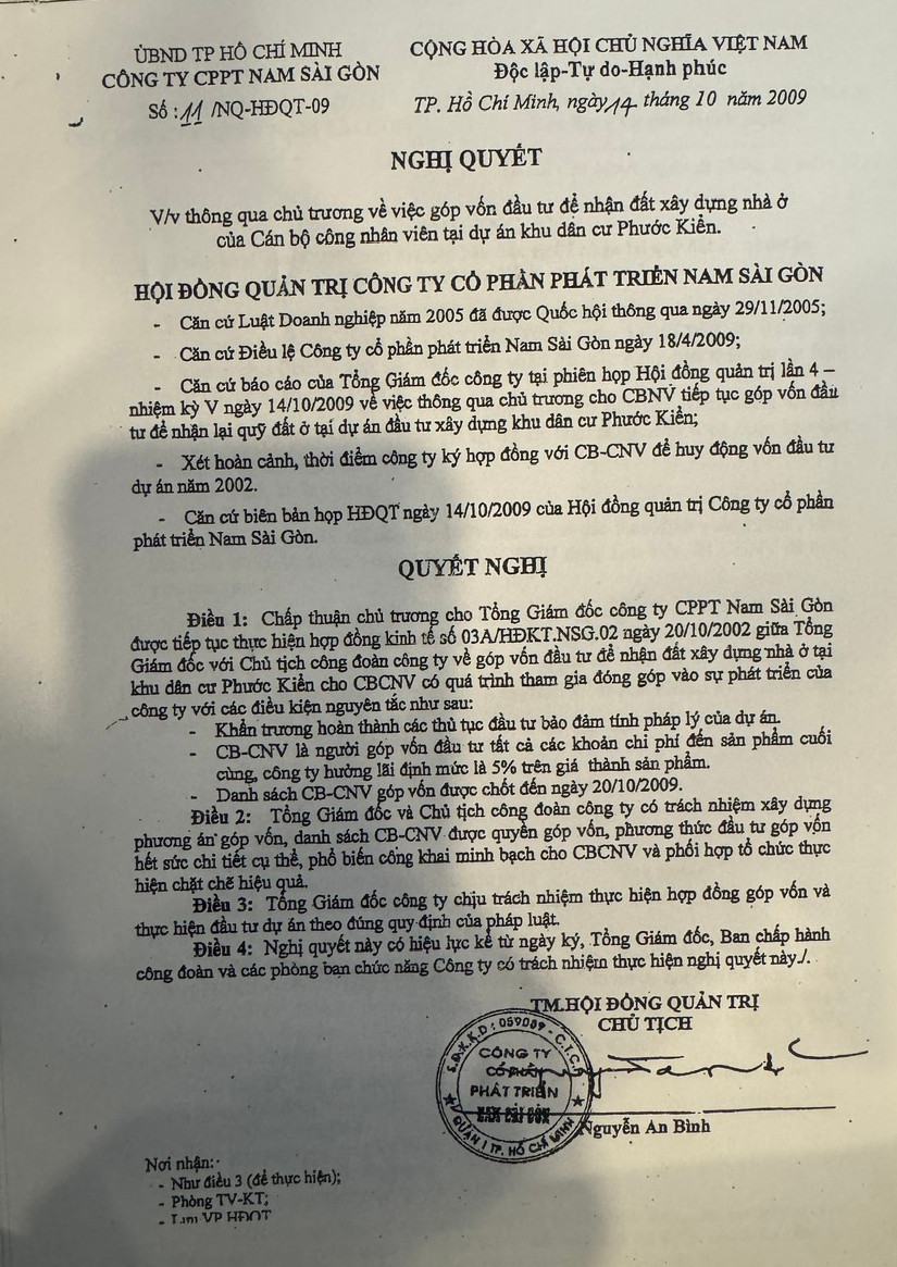 Nghị quyết của Hội đồng quản trị Sadeco về việc thông qua chủ trương góp vốn đầu tư xây dựng nhà ở của cán bộ, nhân viên.