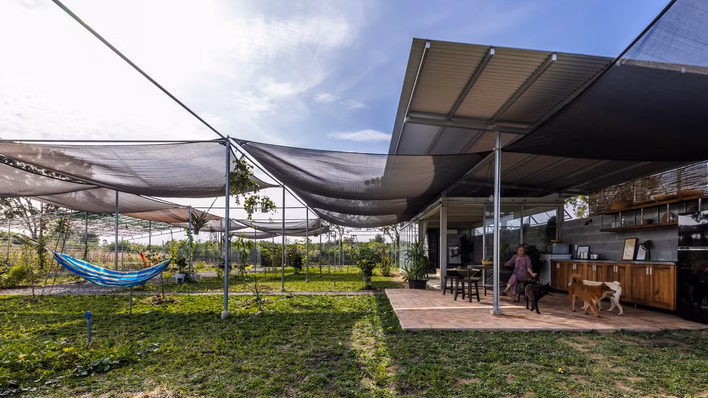 Lưới kết cấu dựa trên mô-đun khối bê tông trải dài trên toàn bộ lô đất, nơi rừng cột thép được dựng lên.