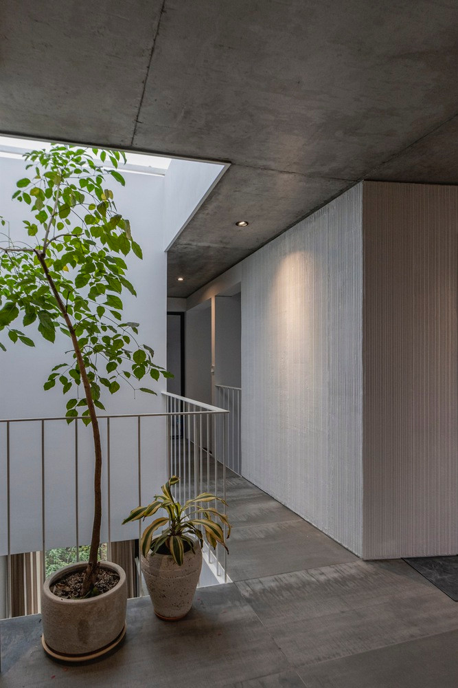 Thiết kế này mang đến trải nghiệm độc đáo trong không gian nội thất, nơi con đường lưu thông vừa mang lại nhiều ánh sáng tự nhiên nhất có thể cho khu vườn vừa xuyên sâu xuống bên dưới, nơi ánh sáng tự nhiên khó có thể tiếp cận từ mặt tiền hẹp của ngôi nhà.