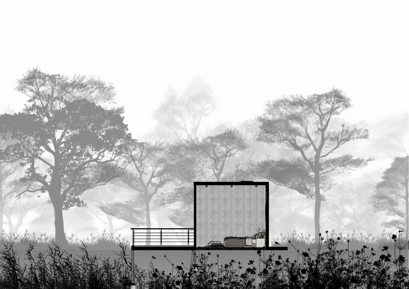 Ngôi nhà kính như một bông hoa lấp lánh giữa núi rừng không chỉ hấp dẫn về thị giác, mà còn dung hòa với cảnh quan thiên nhiên. Việc sử dụng vật liệu bền vững và hệ thống tiết kiệm năng lượng làm dịu mắt và thân thiện với môi trường.