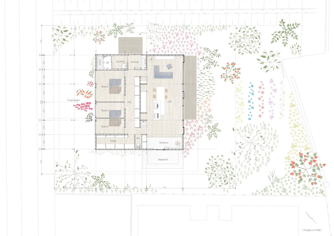 Dựa trên bản vẽ, ngôi nhà được thiết kế tối ưu không gian với 3 phòng nhỏ được ngăn cách bởi các bức tường gỗ có thể dùng để lưu trữ đồ đạc, 1 phòng tắm lớn, 1 nhà vệ sinh nhỏ và khu sinh hoạt chung.