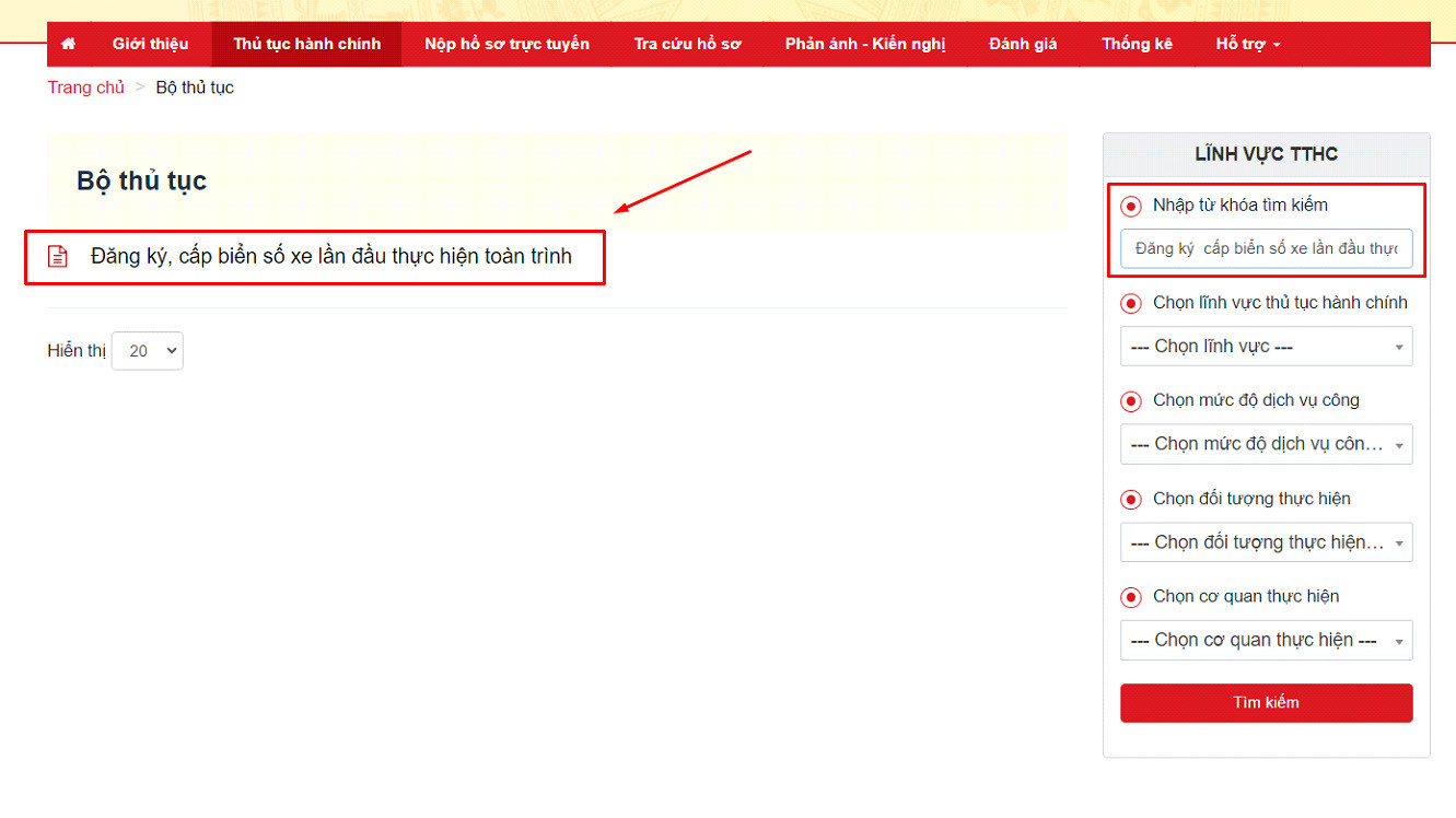 Thủ tục đăng ký xe trên cổng dịch vụ công.