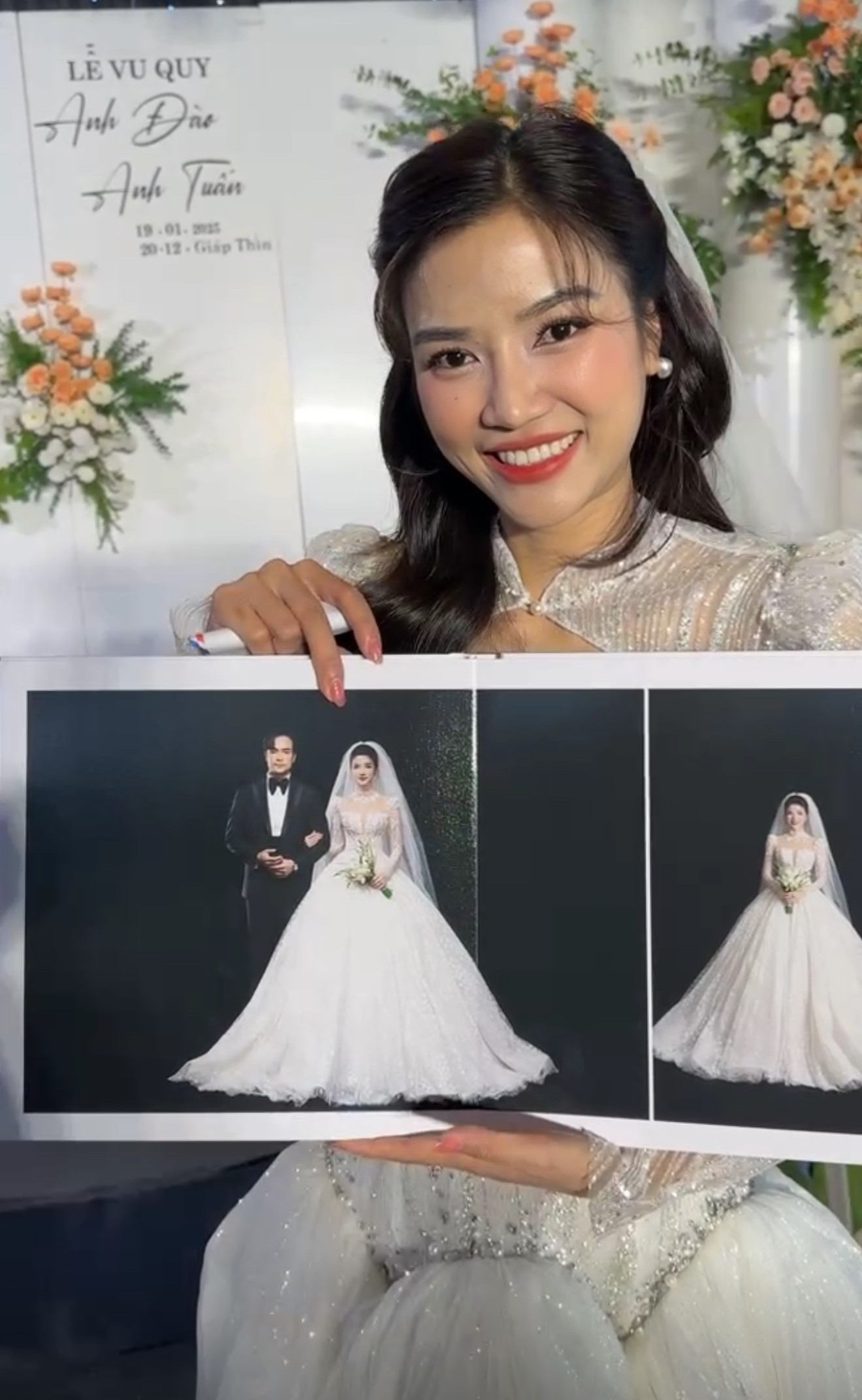 Anh Đào và Anh Tuấn trong đám cưới chiều 18/1 tại Bắc Giang. Ảnh: Chụp màn hình. Anh Đào và Anh Tuấn trong đám cưới chiều 18/1 tại Bắc Giang. Ảnh: Chụp màn hình.