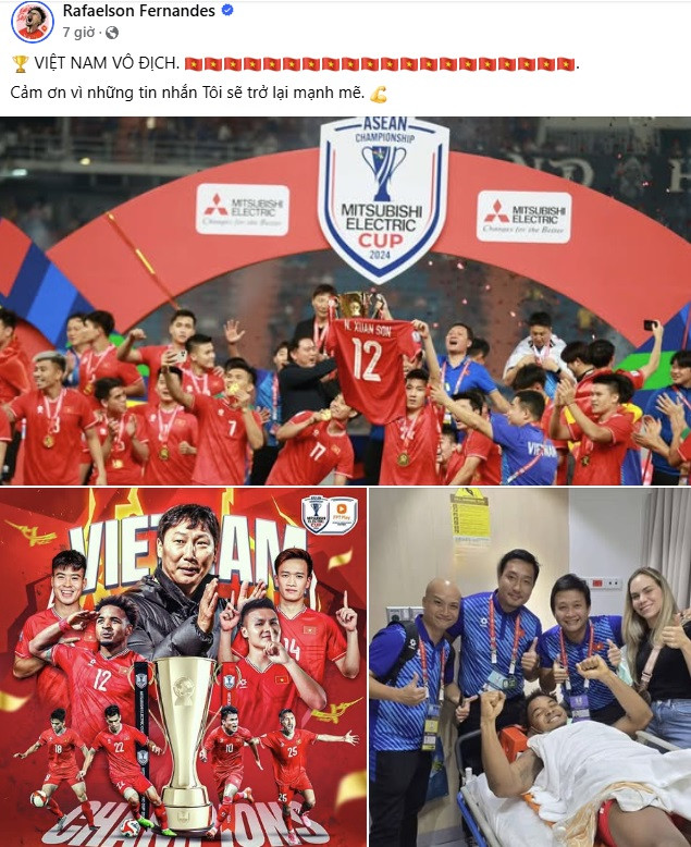 Khoảnh khắc Xuân Son ăn mừng trong bệnh viện thu hút hơn 100.000 lượt tương tác với gần 10.000 bình luận. Xuân Son viết: “Việt Nam vô địch. Cảm ơn vì những tin nhắn, tôi sẽ trở lại mạnh mẽ”.