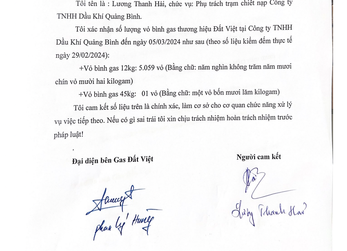 Văn bản xác nhận của đại diện trạm chiết nạp gas của Công ty TNHH Dầu khí Quảng Bình,