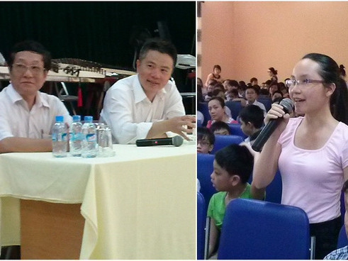 GS Ngô Bảo Châu (ảnh trái, bên phải) lắng nghe lời chia sẻ của bạn Phạm Thị Hương. Ảnh: Mi Ly 