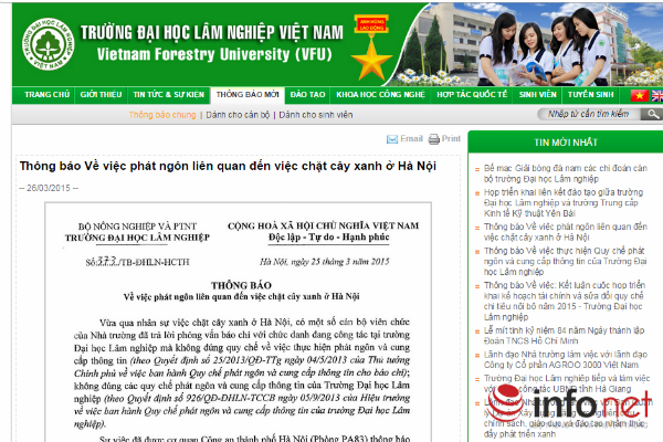 Thông báo về việc phát ngôn liên quan đến chặt hạ cây xanh ở Hà Nội được nhà trường ban hành ngày 25/3. Thông báo về việc phát ngôn liên quan đến chặt hạ cây xanh ở Hà Nội được nhà trường ban hành ngày 25/3.