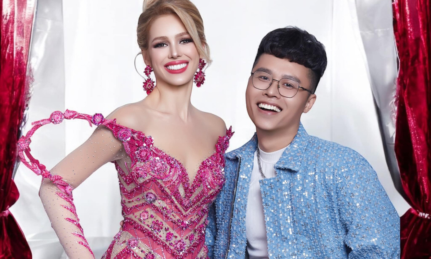 Nhà thiết kế Nguyễn Minh Tuấn thực hiện váy final walk cho Miss Grand International 2023 Luciana Fuster (trái) và váy dạ hội cho Miss Grand Guatemala 2024 (phải).