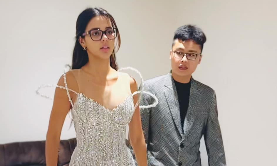 Nhà thiết kế Nguyễn Minh Tuấn thực hiện váy final walk cho Miss Grand International 2023 Luciana Fuster (trái) và váy dạ hội cho Miss Grand Guatemala 2024 (phải).