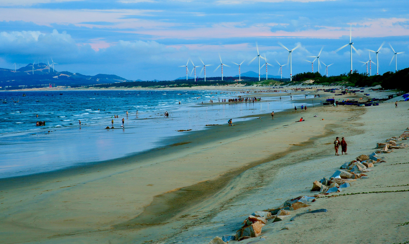 Cánh đồng quạt gió huyền ảo trong nắng hoàng hôn. Nhiều doanh nghiệp trong nước đã khảo sát, đặt vấn đề đầu tư dự án dịch vụ, du lịch ở một số tọa độ cao trên bán đảo Phương Mai.