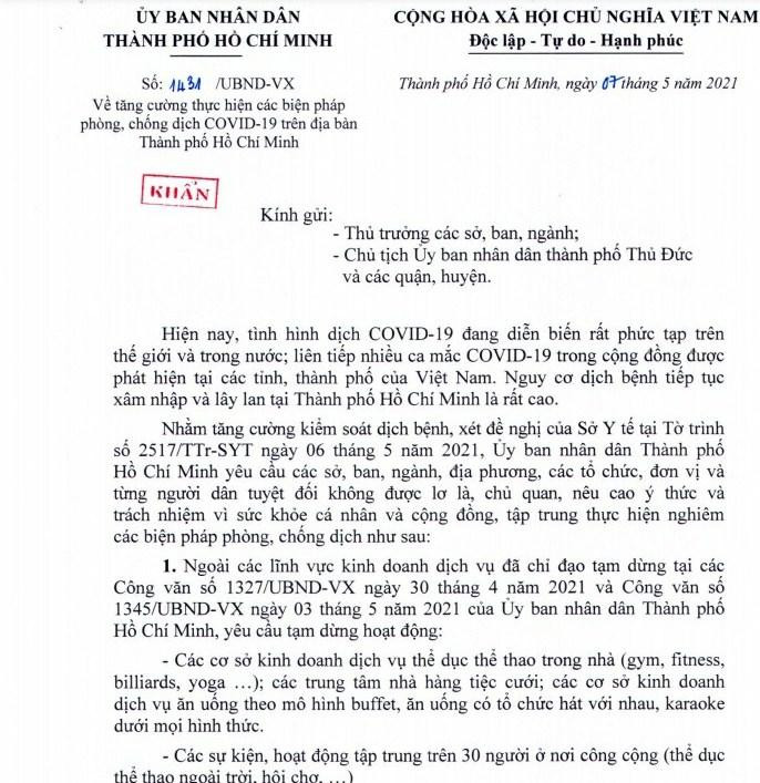 Công văn khẩn của UBND TPHCM ban hành trưa 7/5