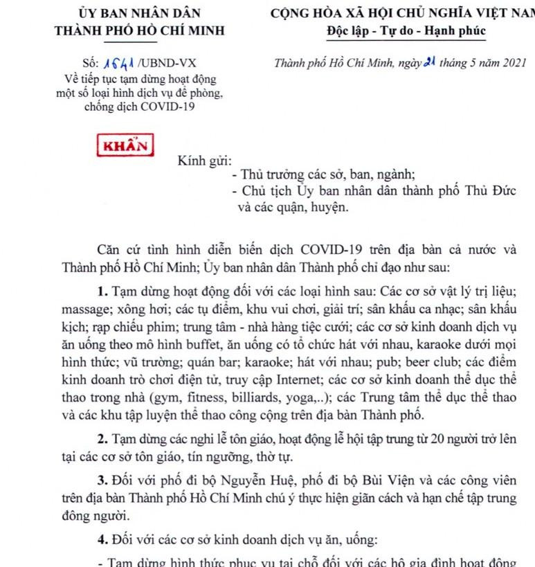Công văn khẩn của UBND TPHCM ban hành chiều 21/5