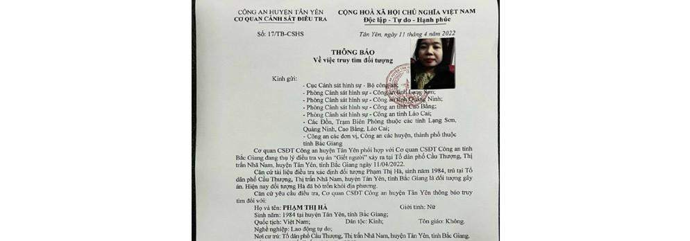 Công an Tân Yên truy tìm đối tượng Phạm Thị Hà