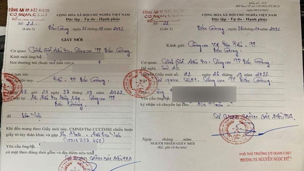 Giấy mời phóng viên N.V.T đến cơ quan Công an Bắc Giang để xác minh vụ việc. Giấy mời phóng viên N.V.T đến cơ quan Công an Bắc Giang để xác minh vụ việc.