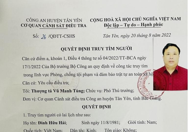 Công an huyện Tân Yên (Bắc Giang) thông báo truy tìm đối tượng Hải