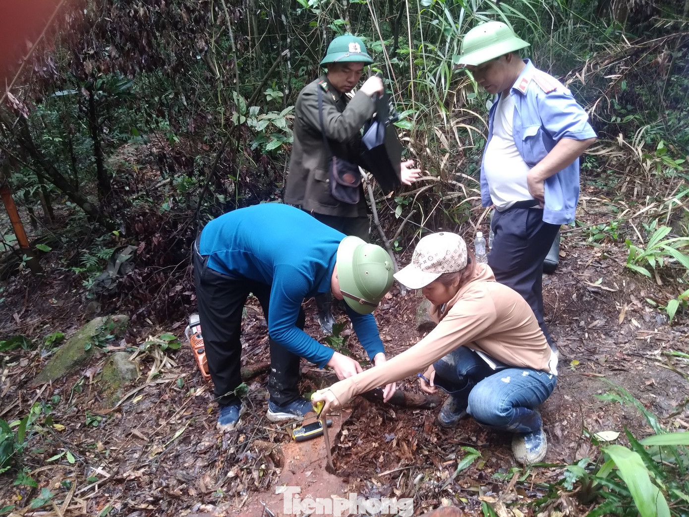 Công an huyện Sơn Động tiến hành khám nghiệm hiện trường vụ "Chảy máu" rừng Tây Yên Tử theo phản ánh của báo Tiền Phong.