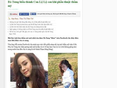 Một bài viết trên Kênh 14 mà Bà Tưng cho là bị bôi nhọ