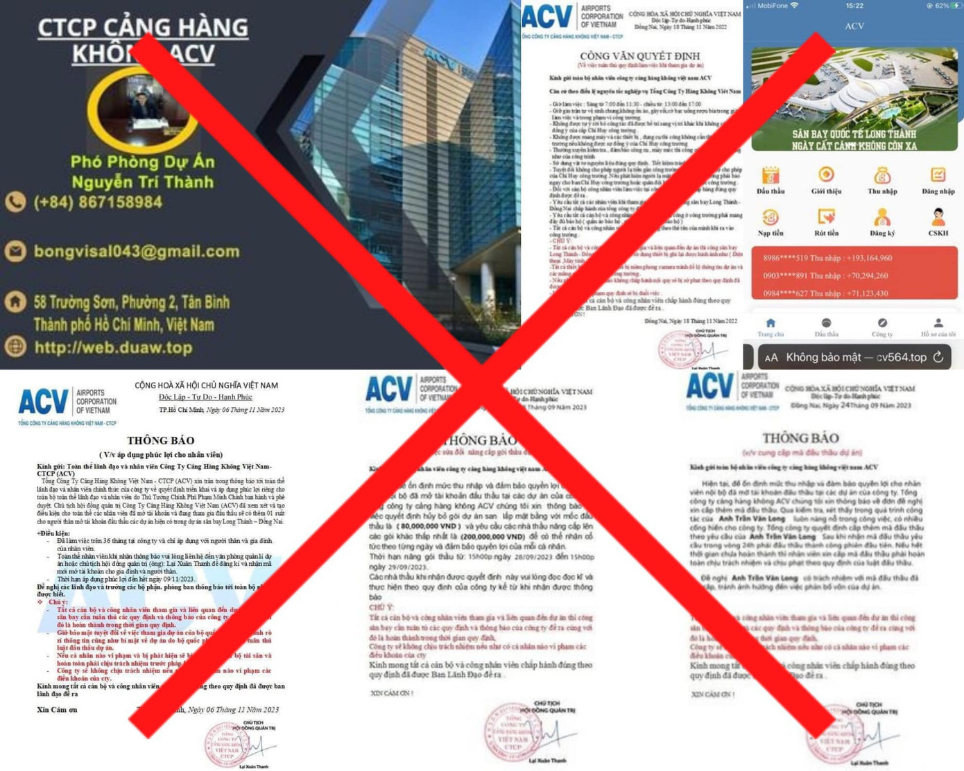 Các văn bản, website giả mạo ACV. Ảnh: ACV.