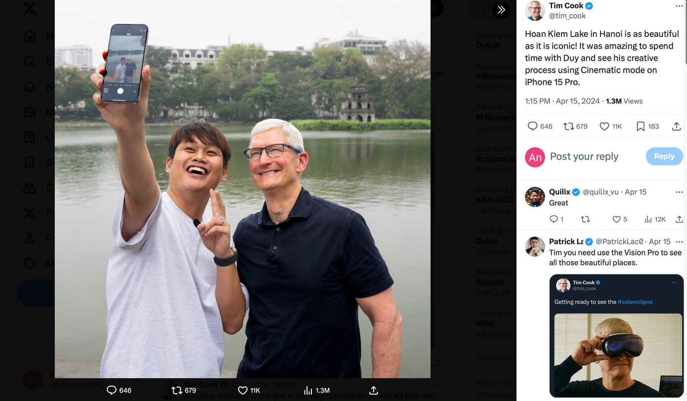 Tấm hình selfie của Tim Cook với Ngô Đức Duy đạt hơn 1 triệu view sau hơn 1 ngày đăng tải. Ảnh: X/Tim Cook.