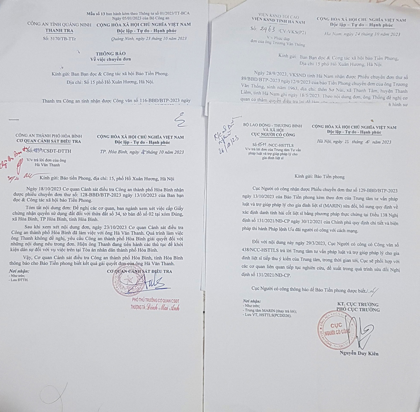 Một số văn bản trả lời báo Tiền Phong của các cơ quan chức năng Một số văn bản trả lời báo Tiền Phong của các cơ quan chức năng