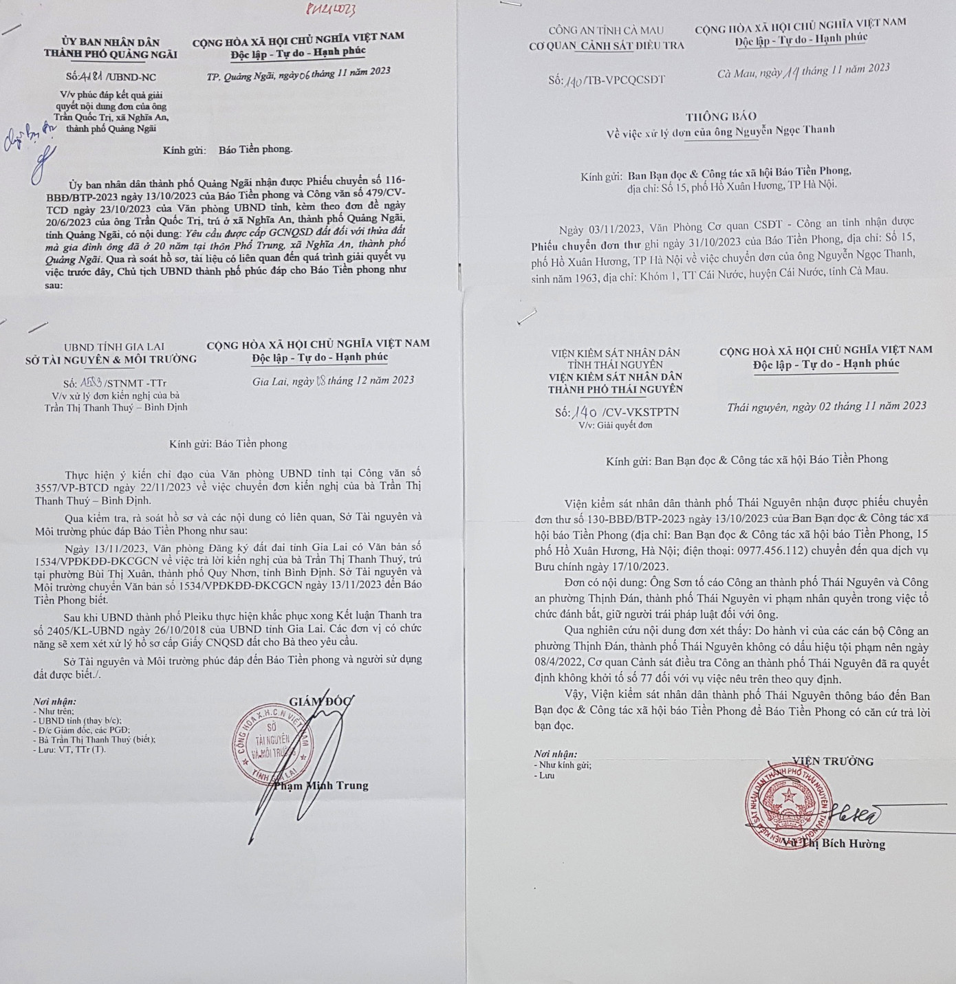 Một số văn bản trả lời báo Tiền Phong của các cơ quan chức năng Một số văn bản trả lời báo Tiền Phong của các cơ quan chức năng