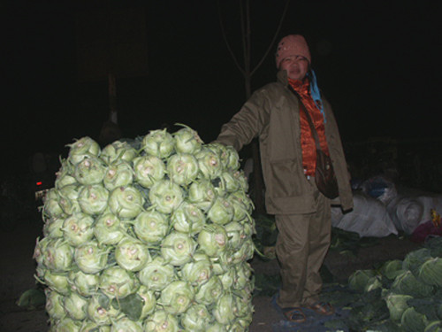 Chị Bình ở cùng huyện với anh Tân cho biết “su hào to ngon cũng chỉ 3 nghìn đồng/ củ, trước Tết giá phải 9 nghìn. Thế mà vẫn ế, có lẽ hôm nay phải bán đến 7 giờ mới hết.”