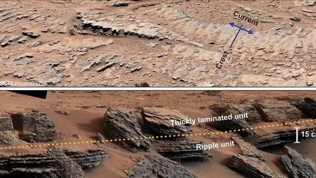 Những vết gợn sóng đối xứng tại hai điểm riêng biệt bên trong Gale Crater của sao Hỏa — cung cấp bằng chứng mạnh mẽ cho thấy sao Hỏa từng có nước lỏng chảy qua. (Ảnh: NASA/JPL-Caltech/MSSS)