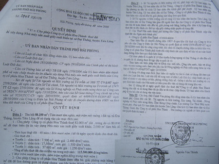 Quyết định cho doanh nghiệp thuê đất để xây dựng Nhà máy sản xuất giày của Lãnh đạo UBND TP Hải Phòng.