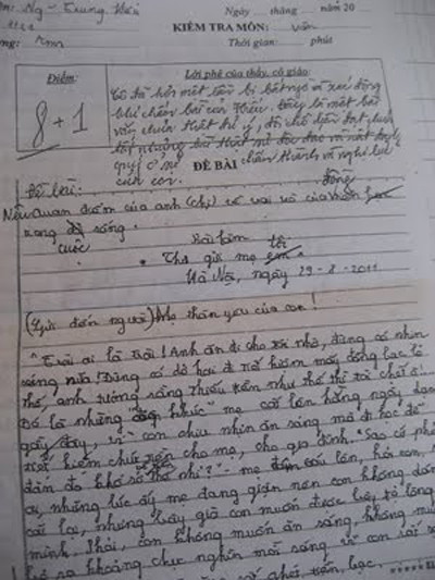 Thêm một lời phê khá xúc động của môn Văn: “Cô đã hơn một lần bị bất ngờ và xúc động khi chấm bài của Hiếu… Rất đáng quý ở sự chân thành và nghị lực của con”
