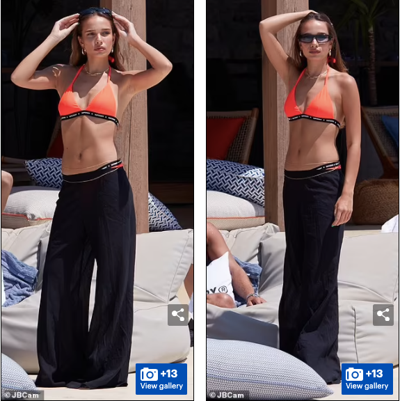 Tình cũ của con cả nhà Beckham mặc áp tắm màu cam rực rỡ và quần vải ống rộng, phô body nuột nà và vòng 2 phẳng lỳ hoàn hảo.