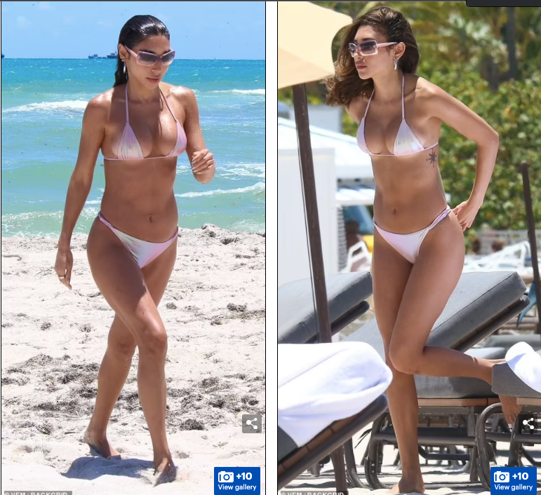Dailymail mới đây đăng tải loạt ảnh người đẹp của làng giải trí xứ sở cờ hoa diện bộ áo tắm 2 mảnh màu hồng nhạt, khoe body săn chắc và đường cong thể hình "thiêu đốt" ánh nhìn trên bãi biển ở Miami ngày hôm qua.