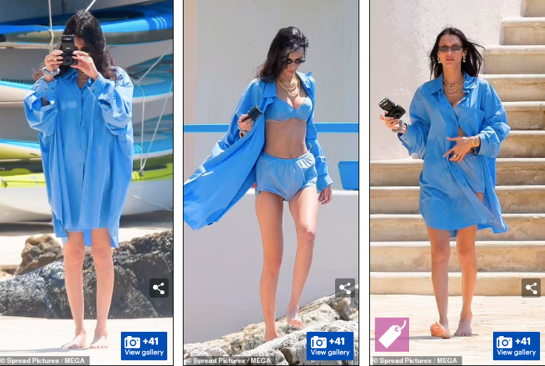 Bella Hadid khoe vóc dáng siêu mẫu thon nuột với nguyet set đi biển màu xanh da trời mát mắt cùng thần thái sang chảnh high fashion.