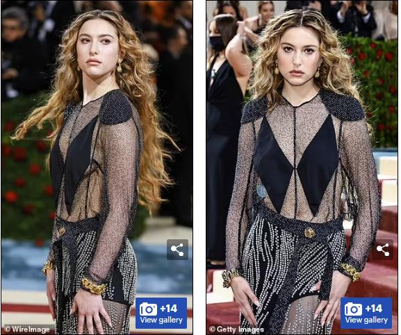 Chiếc váy xuyên thấu với 2 miếng vải đen đáp ngực, lấp ló vòng một không nội y nâng đỡ. Đây là lần xuất hiện đầu tiên của người đẹp ở vị trí người mẫu trên thảm đỏ của sự kiện thời trang lớn nhất hành tinh Met Gala.