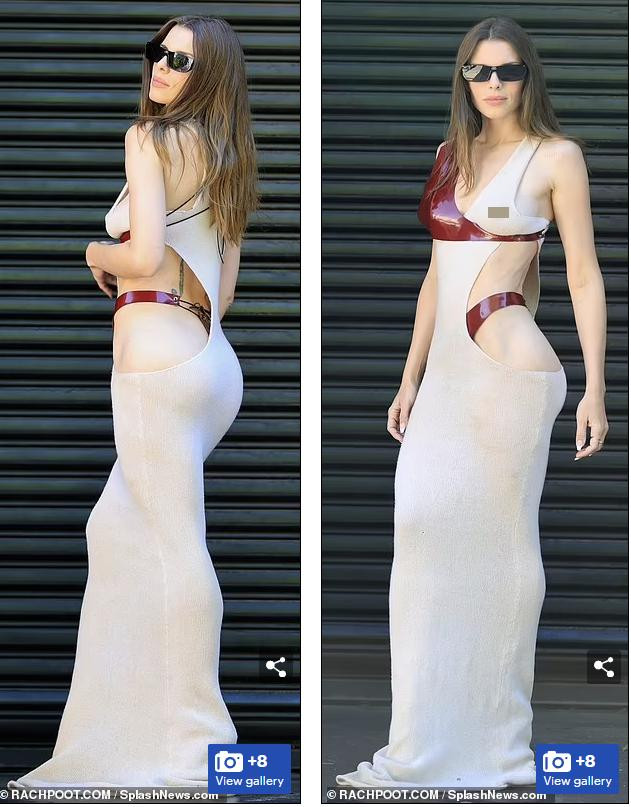 Chiếc váy xuyên thấu táo bạo lộ rõ vòng 1 không nội y nâng đỡ của người đẹp Mỹ gốc Ý. Đây cũng là gu thời trang quen thuộc mỗi lần ra phố của cô.