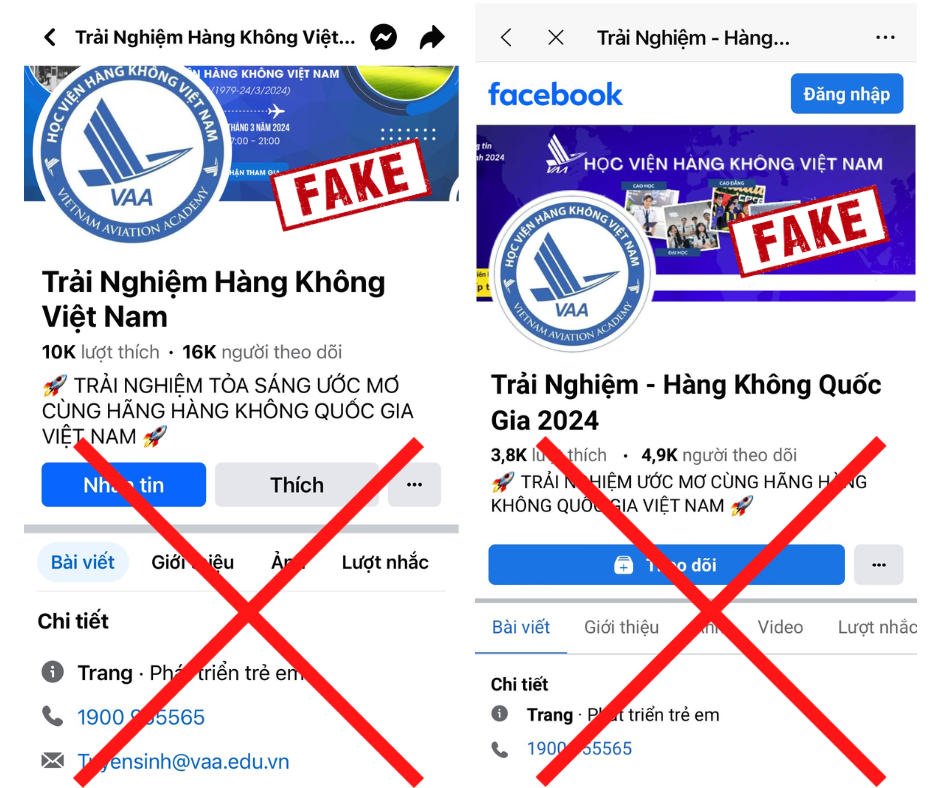 Fanpage mạo danh Học viện Hàng không Việt Nam Fanpage mạo danh Học viện Hàng không Việt Nam