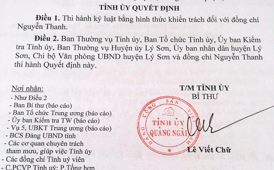 Chủ tịch UBND huyện Lý Sơn bị kỷ luật khiển trách ảnh 1