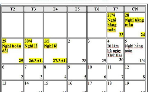 Đề xuất hoán đổi ngày nghỉ dịp Tết dương lịch, 30/4 và 1/5 năm 2019 ảnh 2