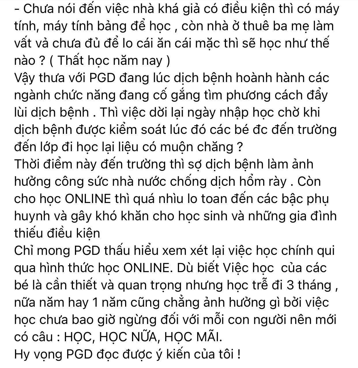 Nguyên văn quan điểm của vị phụ huynh này. Ảnh chụp màn hình. Nguyên văn quan điểm của vị phụ huynh này. Ảnh chụp màn hình.