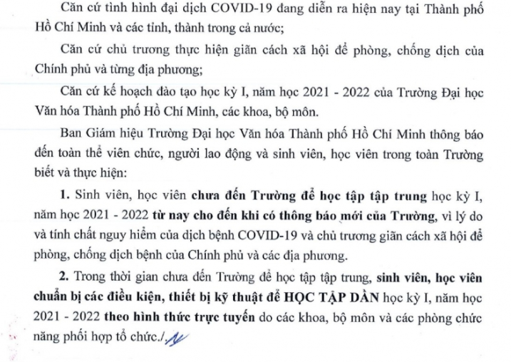 Thông báo của ĐH Văn hóa TP.HCM tới sinh viên về kế hoạch học tập. Thông báo của ĐH Văn hóa TP.HCM tới sinh viên về kế hoạch học tập.
