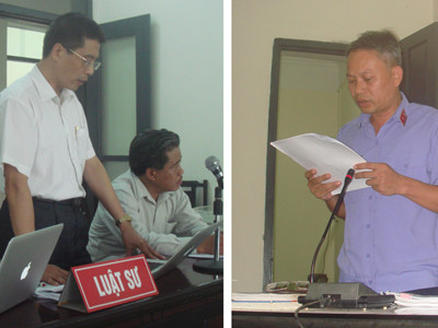 Luật sư Vũ Quang Ninh và kiểm sát viên Lã Thanh Bình tranh luận tại phiên tòa. Luật sư Vũ Quang Ninh và kiểm sát viên Lã Thanh Bình tranh luận tại phiên tòa