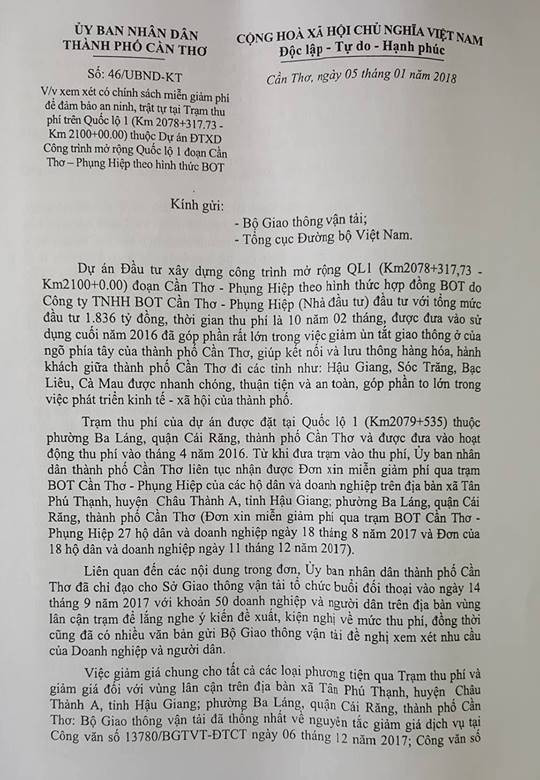 Kiến nghị miễn, giảm phí trạm BOT Cần Thơ – Phụng Hiệp ảnh 1