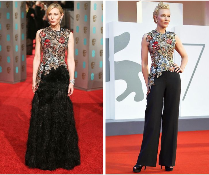 Cùng một chiếc áo ấn tượng nhưng kết hợp với váy và quần.