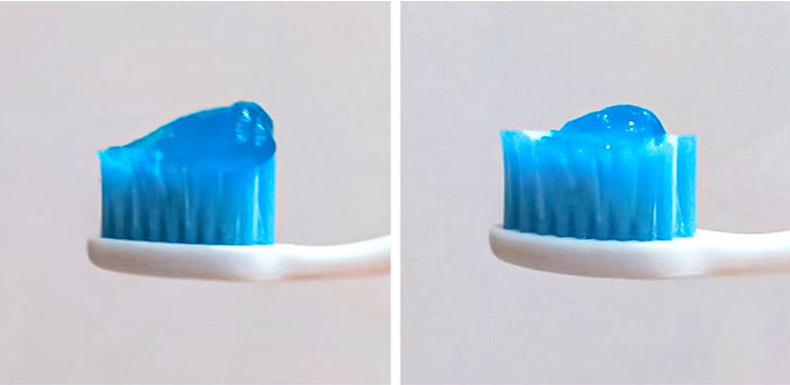 Hình bên trái là quảng cáo, hình bên phải là lượng ta nên dùng kem đánh răng mỗi lần. Hình bên trái là quảng cáo, hình bên phải là lượng ta nên dùng kem đánh răng mỗi lần.