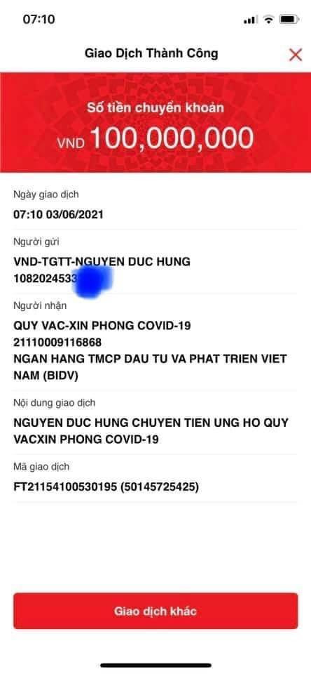 Anh Hùng thông báo đã chuyển tiền vào Quỹ vaccine phòng COVID-19