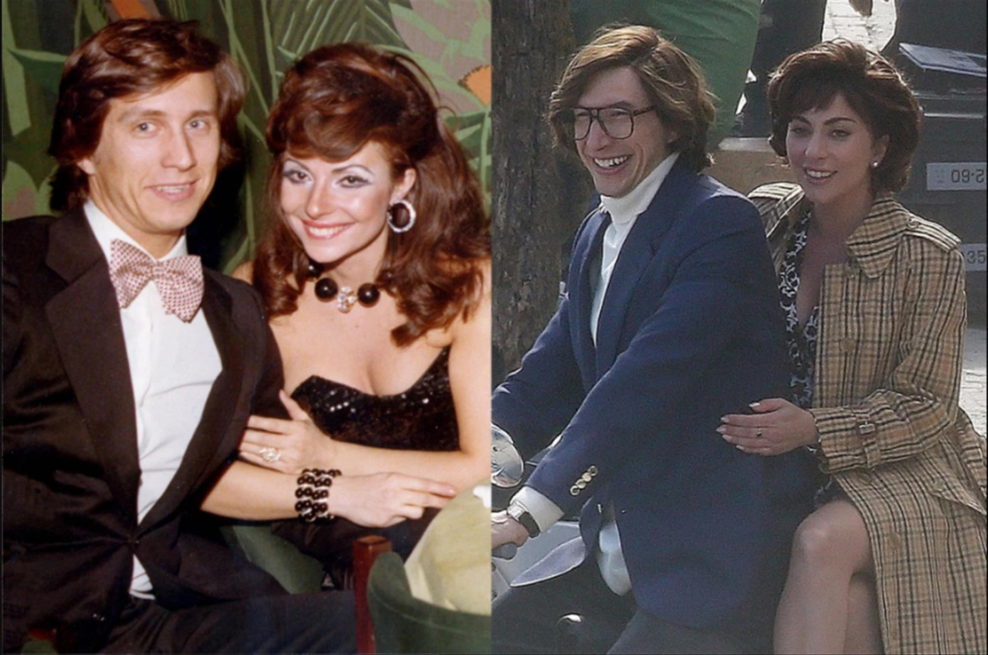 Cặp đôi Maurizio Gucci và Patrizia Reggiani ngoài đời (trái) và trong phim