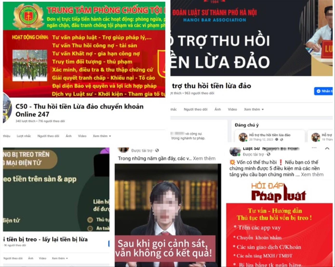 Nhiều trang mạng giả danh luật sư, cơ quan chức năng lừa đảo lấy lại tiền cho bị hại. Ảnh chụp màn hình Nhiều trang mạng giả danh luật sư, cơ quan chức năng lừa đảo lấy lại tiền cho bị hại. Ảnh chụp màn hình