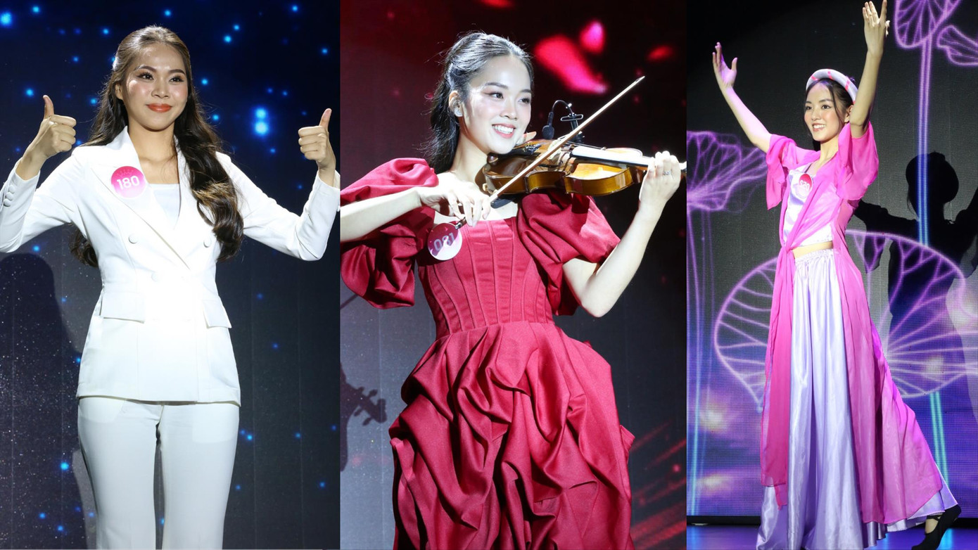 Các thí sinh Trần Thị Nhi, Trần Gia Hân, Trần Lê Mai Chi (từ trái qua) trình diễn tài năng